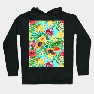 Tropical mix-fruit, flowers and leaves on blue Hoodie